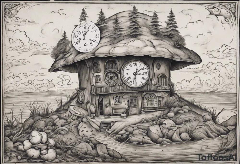 Le tattoo doit intégrer, un paysage montagneux, une horloge à 21h44.
Il faut aussi une pellicule de cinéma déroulée. Un vieux chapeau de l'armée italienne. des petits champignons au bord d'une rivière. avec une main de poker gagnante tattoo idea
