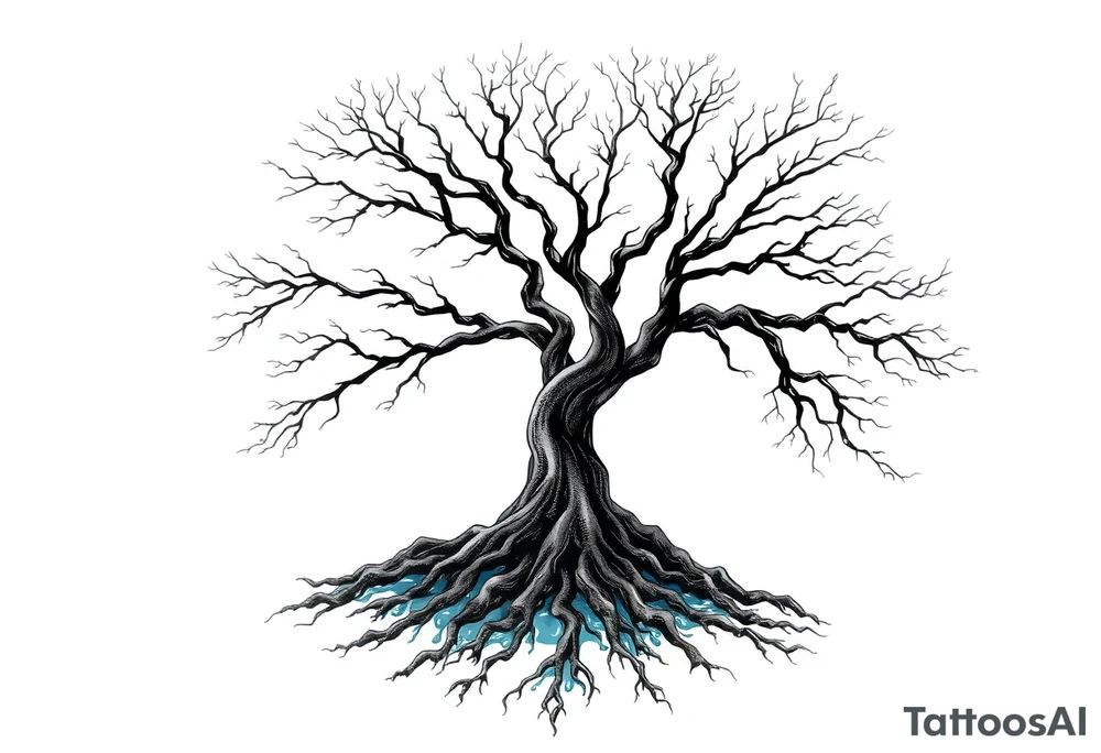 Black and white deciduos Tree with roots. Blue water inside the whole tree like many thin veins, flows from the brunches to the roots tattoo idea
