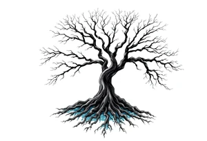 Black and white deciduos Tree with roots. Blue water inside the whole tree like many thin veins, flows from the brunches to the roots tattoo idea