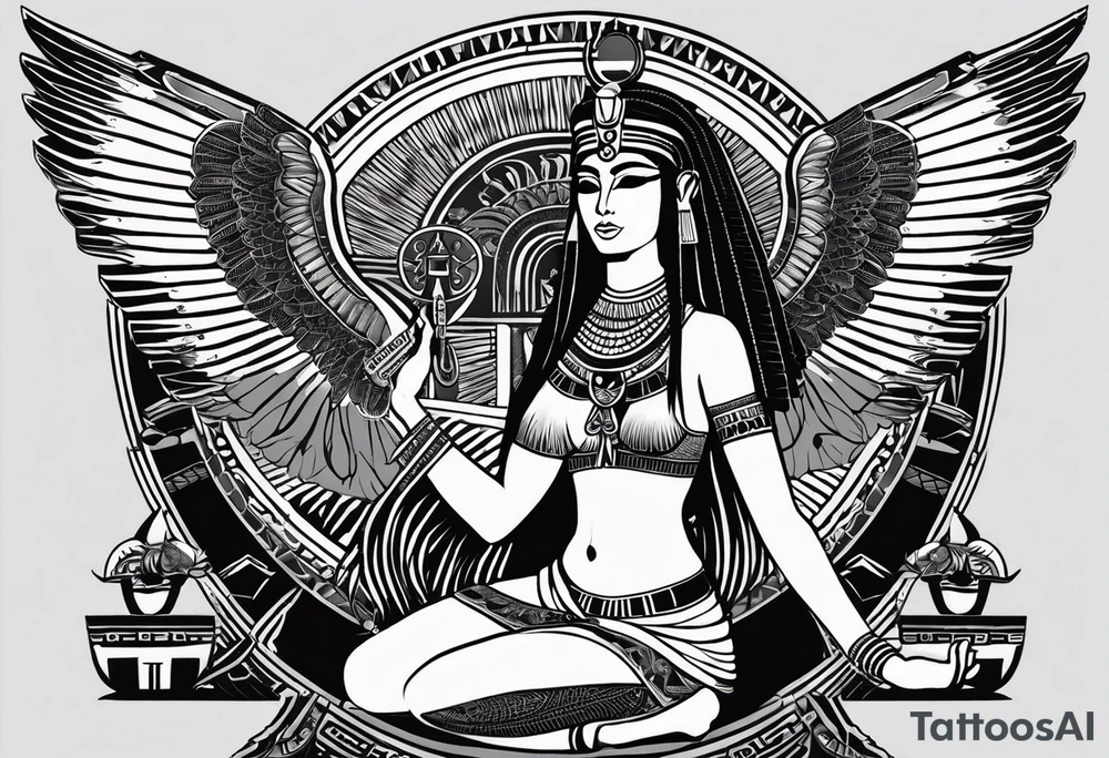 blank and white Egyptian goddess Isis, who is often depicted as a woman with outstretched wings, holding an ankh (a symbol of life) in one hand and a lotus flower in the other. Her headdress often includes a throne or a solar disk. The tattoo design can vary in style and size, but it typically aims to capture the essence of this revered Egyptian deity, emphasizing her beauty, power, and maternal qualities. The choice of colors and additional elements can also be customized to create a unique and visually striking representation of the goddess Isis tattoo idea