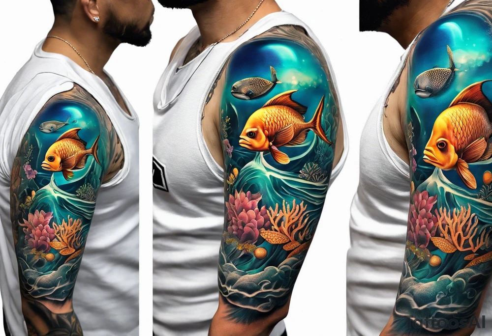 An ocean themed half sleeve with no ocean creatures tattoo idea