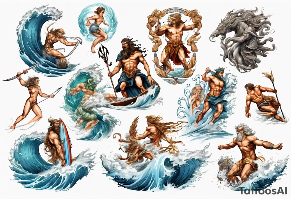 Ancient Greek gods of the sea fighting with surfer  and trident  with other gods and Greek nymphs tattoo idea