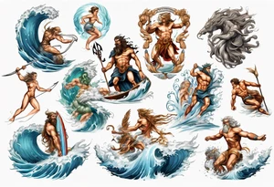 Ancient Greek gods of the sea fighting with surfer  and trident  with other gods and Greek nymphs tattoo idea