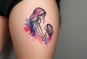 A black fine-line tattoo of a mother and daughter holding hands, with flowing hair blending into soft watercolor shades of pink and lavender. tattoo idea
