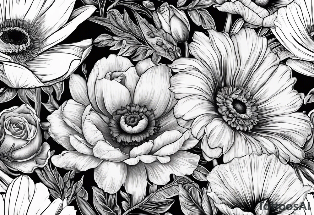A vintage vertical design of a single daisy and a single rose with gladiolus flowers and poppies weaving through the daisy and rose tattoo idea