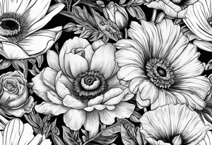 A vintage vertical design of a single daisy and a single rose with gladiolus flowers and poppies weaving through the daisy and rose tattoo idea