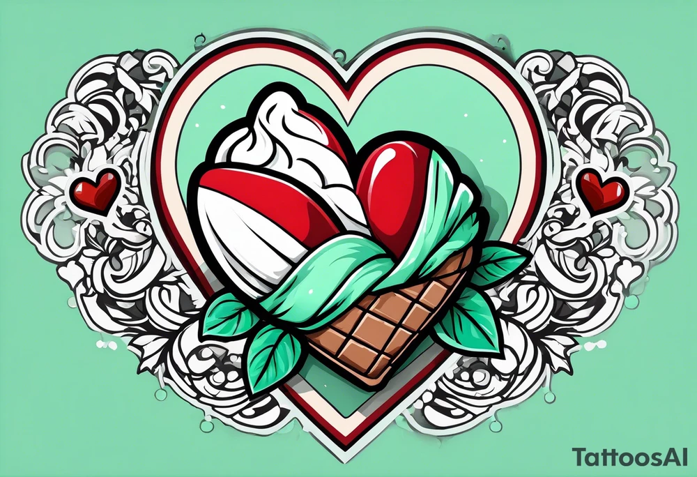 simple mint chocolate chip ice cream cone with small red heart on it somewhere. tattoo idea