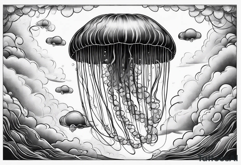 jellyfish with a small head and really long tentacles. Add clouds behind it like it’s floating in the sky tattoo idea