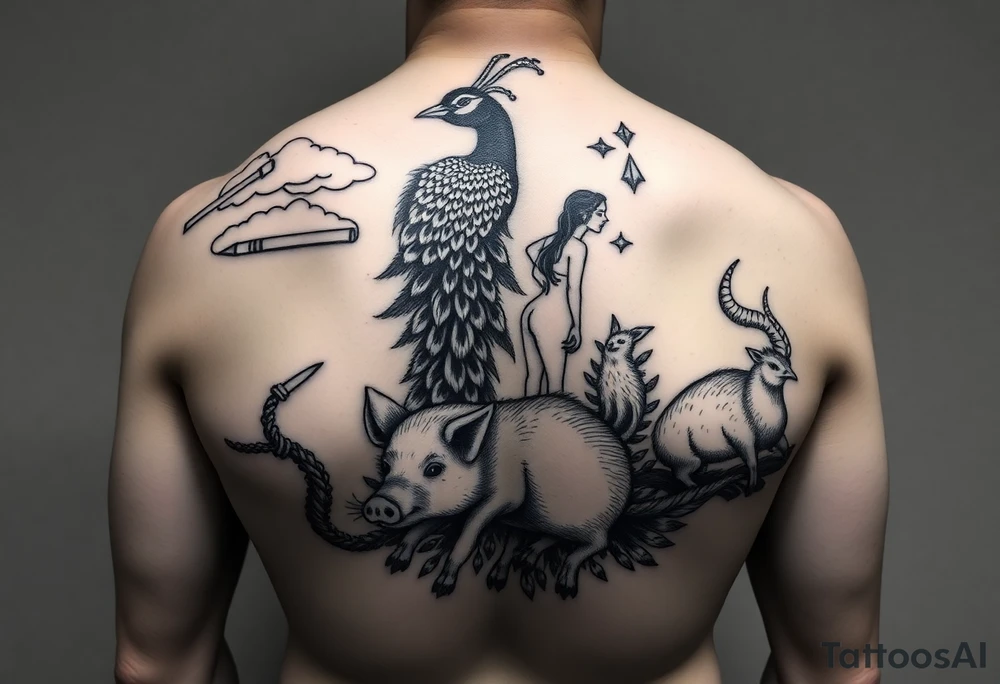 fat naked sexy woman , peacock , pig ,cakes, liquor, cigerette, Storm clouds, pig, peacock , fat sexy naked fat woman, cupcakes, noose , money, goat lion, couple having sex, cigerette storm lightening, killing, darkness death, violent majestic creatures tattoo idea
