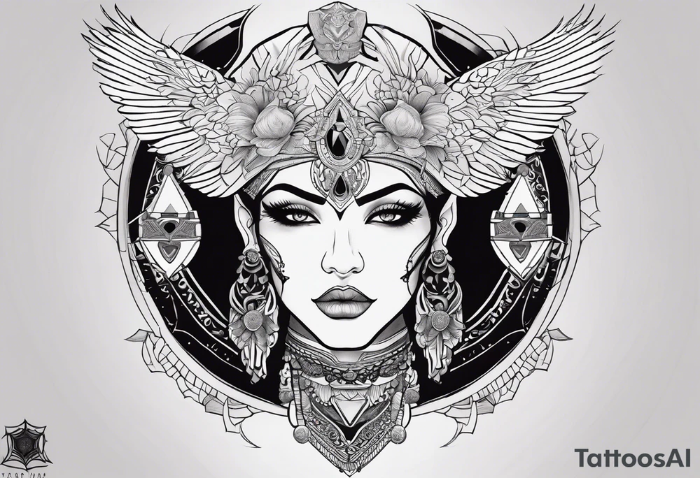 kali ma, alien goddess, valkrye, aries, pirate, divine feminine, zenza resonance, pachamama, lotus azul, blank panther, eagle, skull, 5D, nueva gaya, dna 12, left side chest tatoo tattoo idea