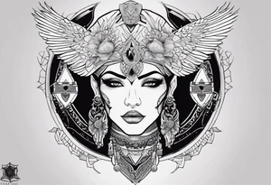 kali ma, alien goddess, valkrye, aries, pirate, divine feminine, zenza resonance, pachamama, lotus azul, blank panther, eagle, skull, 5D, nueva gaya, dna 12, left side chest tatoo tattoo idea