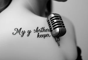 A microphone with the words “My brothers keeper” with the microphone cord looking like it’s actually writing the words . For a female and small tattoo idea