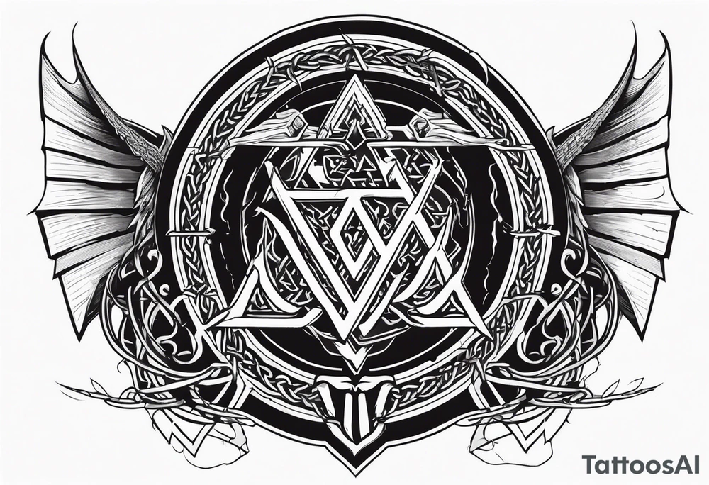 Valhalla sword shield dragon axe barbed wire chains valknut fire tattoo idea Valhalla sword shield dragon axe barbed wire chains valknut fire tattoo idea