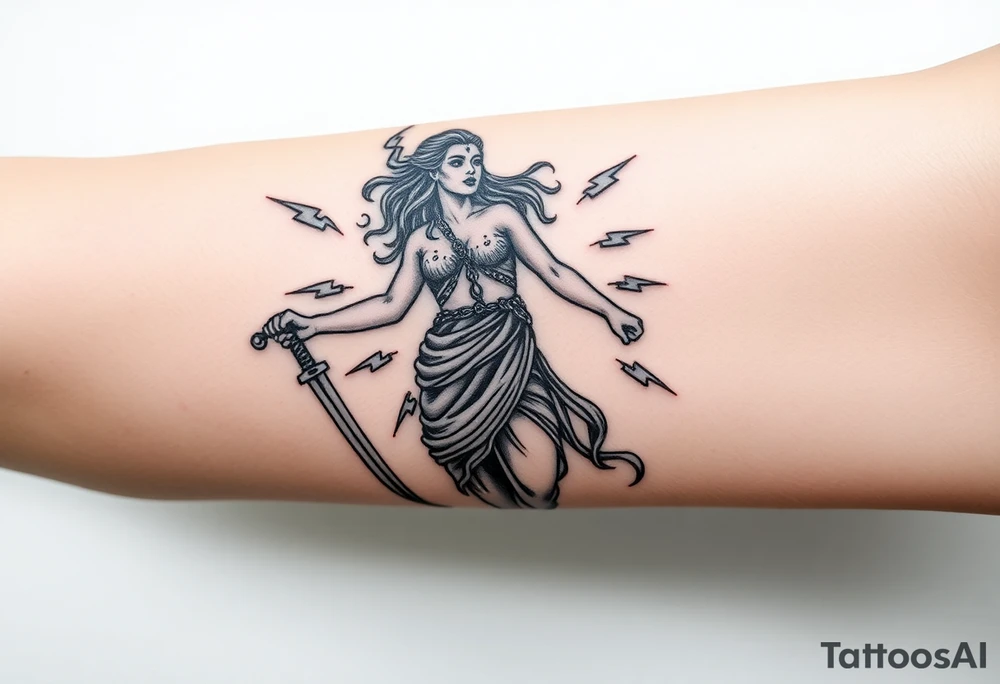 Greek goddess warrior with long dagger and realistic lighting bolts going around body Greek mythology style with dark shading tattoo idea