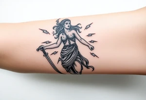 Greek goddess warrior with long dagger and realistic lighting bolts going around body Greek mythology style with dark shading tattoo idea