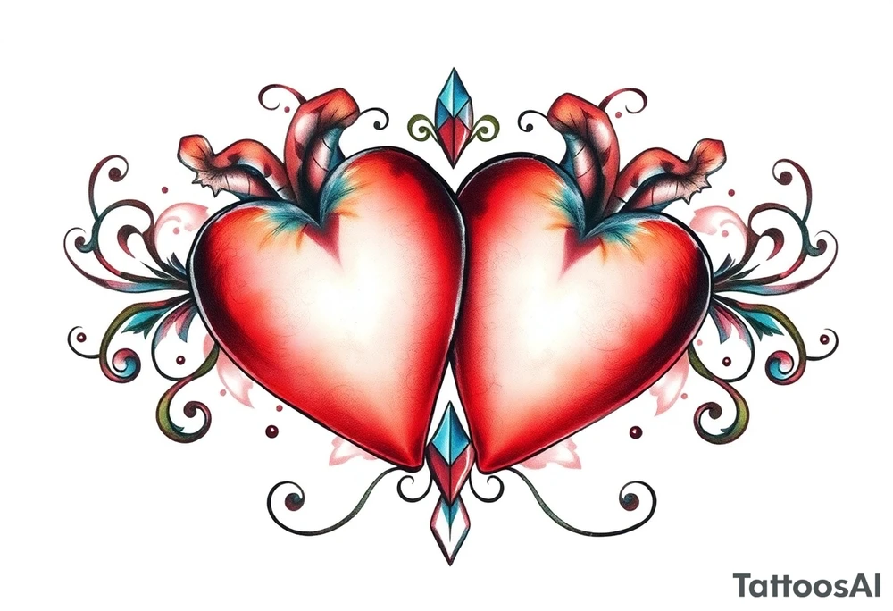 Two hearts surrounded by filigree and crystal or gem accents tattoo idea
