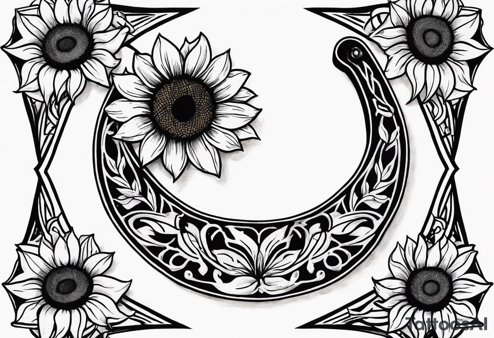 Realistic Horseshoe around a sunflower tattoo idea