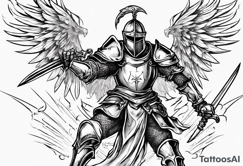A Winged Paladin Knight in mid-air with his sword about to attack. tattoo idea