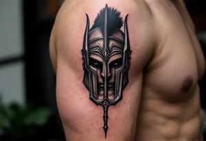 close-up spartan face behind trident tattoo idea