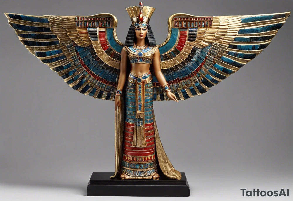 Wings: The figure has huge, extended wings that are decorated with feathers. The curve of the wings is elegant and symmetrical.

Headdress: On his head is a special headdress that resembles an Egyptian-style crown.

Clothing: The figure wears elaborate clothing decorated with geometric patterns, which refers to the characteristics of Egyptian art.

Position: The deity is depicted in a seated position with legs bent and hands resting on the outer parts of the wings as if supporting the wings with outstretched arms. tattoo idea