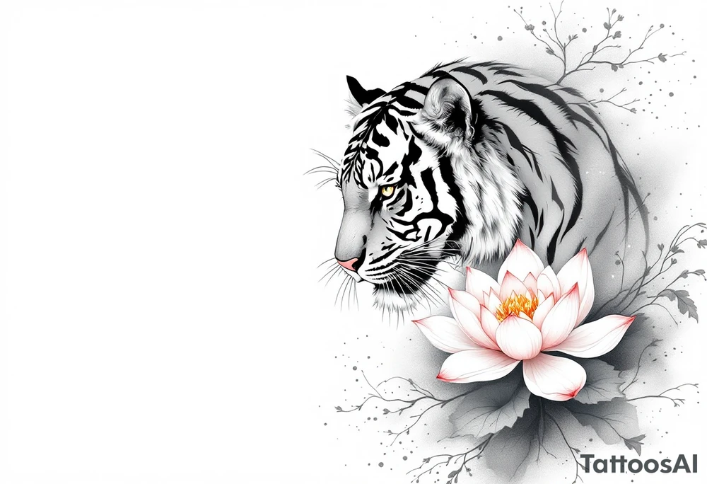 fierce tiger emerging through blooming lotus flowers in mist tattoo idea