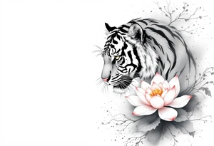 fierce tiger emerging through blooming lotus flowers in mist tattoo idea