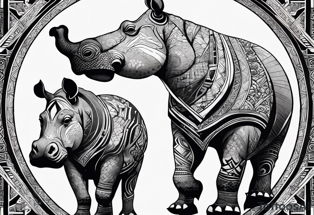 Asymmetrical, geometric, chinese ink art touch, hippo , full moon, tribal, orientation portrait tattoo idea