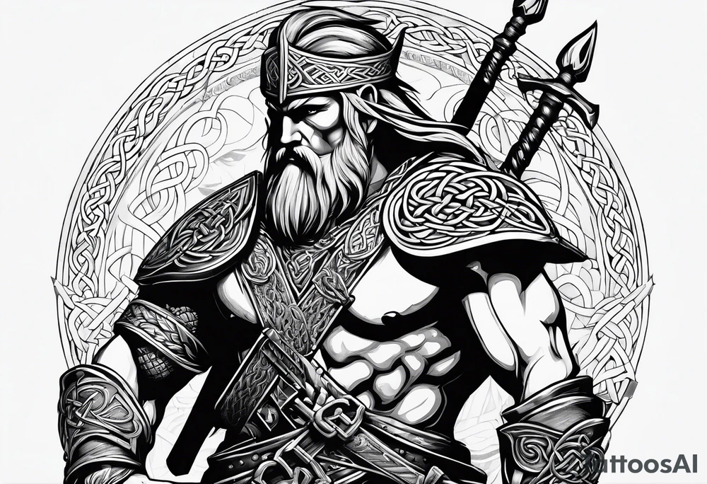 Side profile full body of a Celtic warrior with weapons tattoo idea
