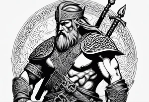 Side profile full body of a Celtic warrior with weapons tattoo idea