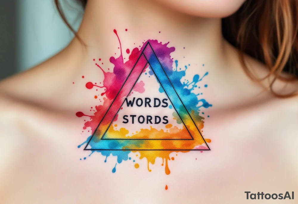 Words arranged in a triangle, each corner marked with a watercolor splash—rose red, ocean blue, and golden yellow. tattoo idea