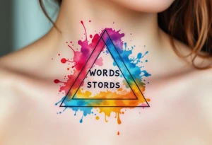 Words arranged in a triangle, each corner marked with a watercolor splash—rose red, ocean blue, and golden yellow. tattoo idea