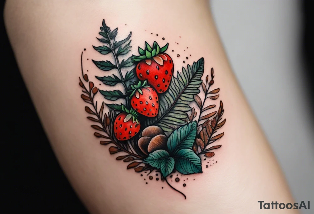 forest floor inspired minimalist tattoo, which includes grass, curly ferns and dead leaves as the bulk of the tattoo. details to include: three very tiny strawberries, a tiny bumblebee flying nearby, three small brown mushrooms tattoo idea