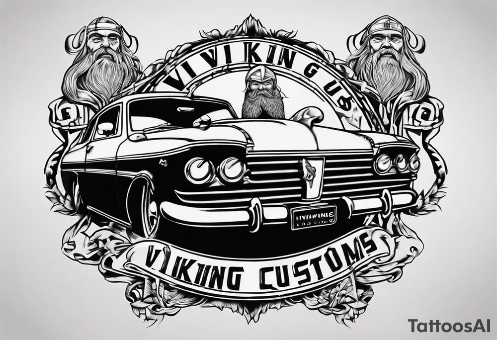 i want a tattoo of a viking and a old classic vintage car  and I want the words “Viking Customs” incorporated into the design tattoo idea