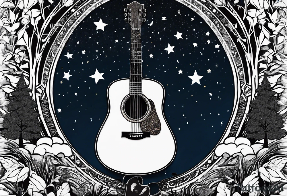acoustic black guitar made out of trees and a night sky with a bright star tattoo idea