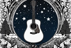 acoustic black guitar made out of trees and a night sky with a bright star tattoo idea