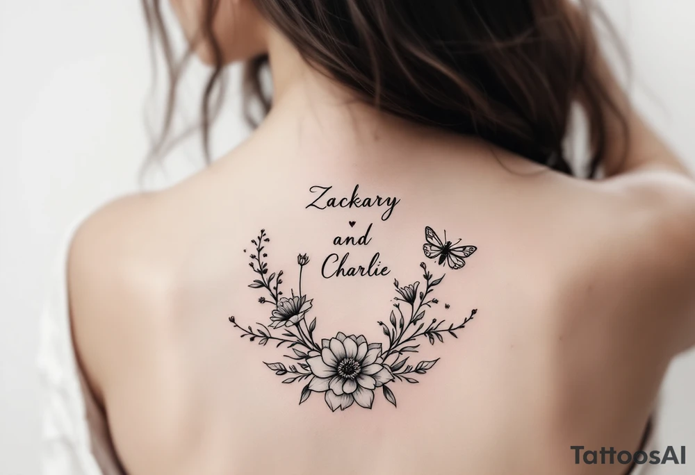 Flowers, heart and buttherfly with name Zackary and Charlie tattoo idea