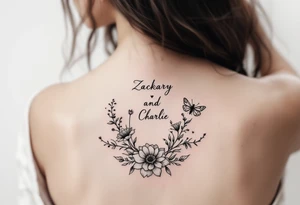 Flowers, heart and buttherfly with name Zackary and Charlie tattoo idea