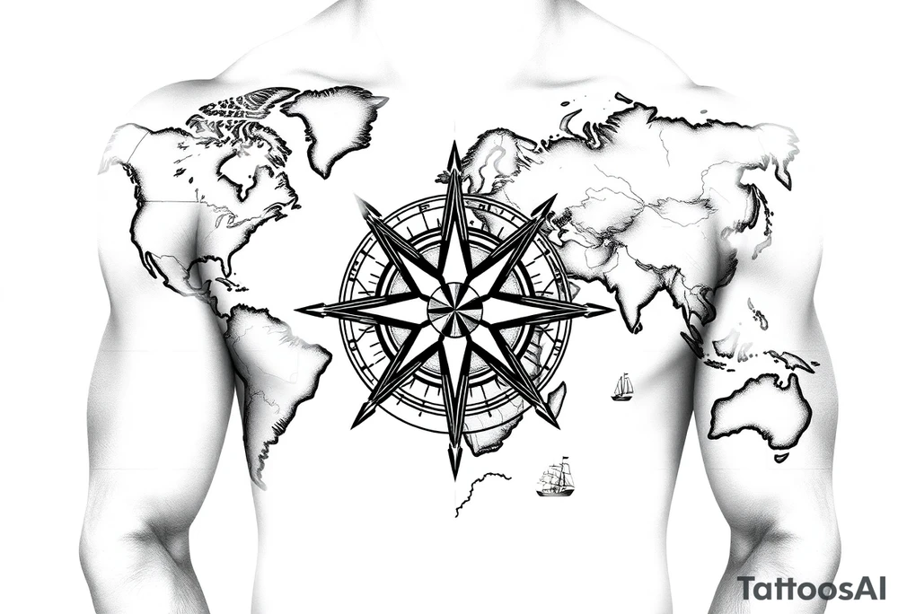 antique compass rose overlaid on weathered world map with sailing ships tattoo idea