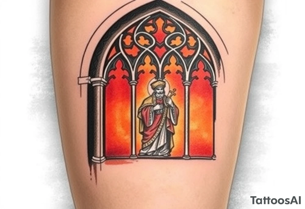 A gothic cathedral window with Saint Wenceslas inside, glowing with rich reds and golds, symbolizing Czech history and faith. tattoo idea