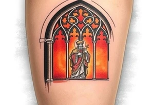 A gothic cathedral window with Saint Wenceslas inside, glowing with rich reds and golds, symbolizing Czech history and faith. tattoo idea