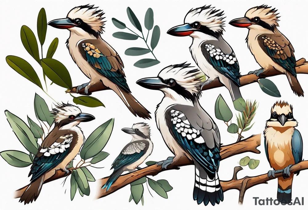 Cartoon kookaburra sitting on wattle and eucalyptus leaves tattoo idea
