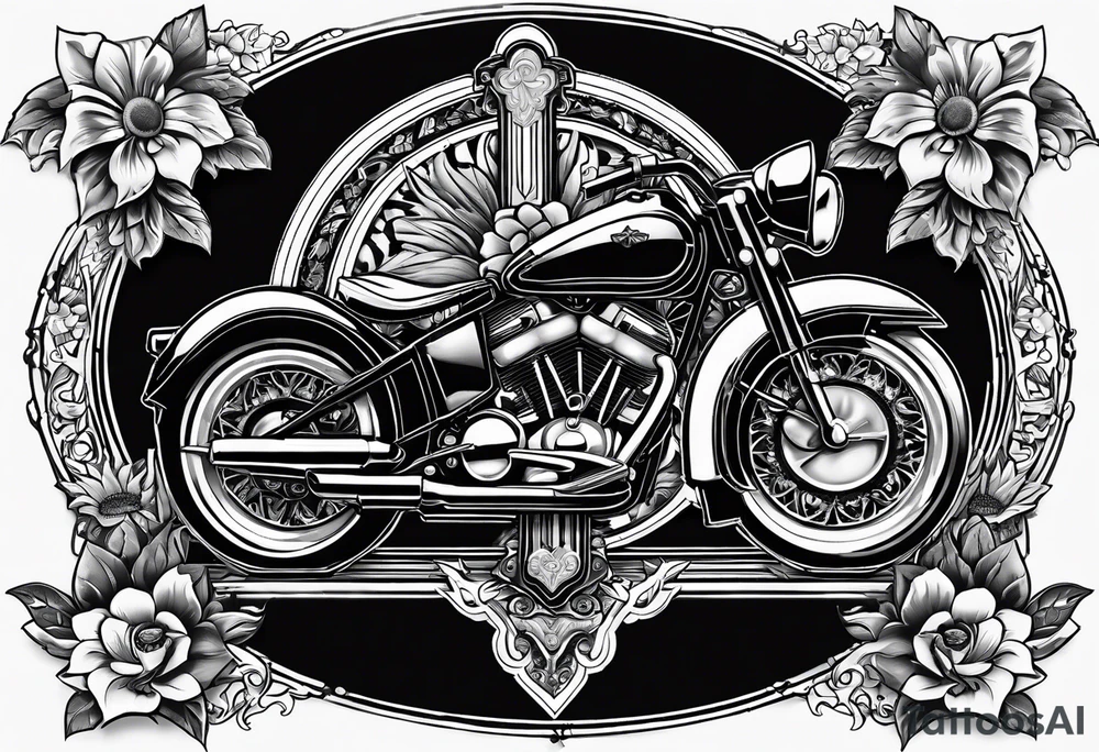 A central cross with the names Kyle Peter Lori on it with lighting a motorcycle and a sunflower around it tattoo idea