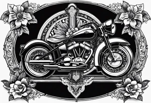 A central cross with the names Kyle Peter Lori on it with lighting a motorcycle and a sunflower around it tattoo idea