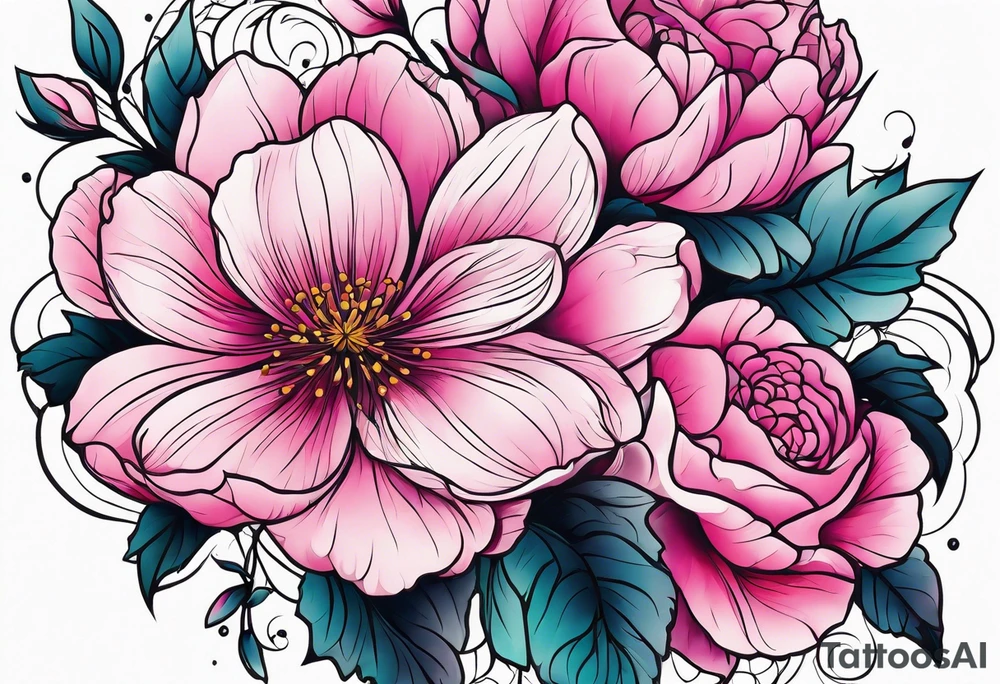 Upper arm sleeve pink flowers tattoo idea
