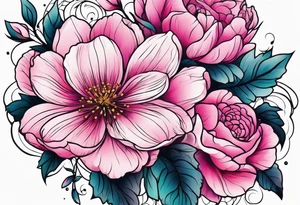 Upper arm sleeve pink flowers tattoo idea