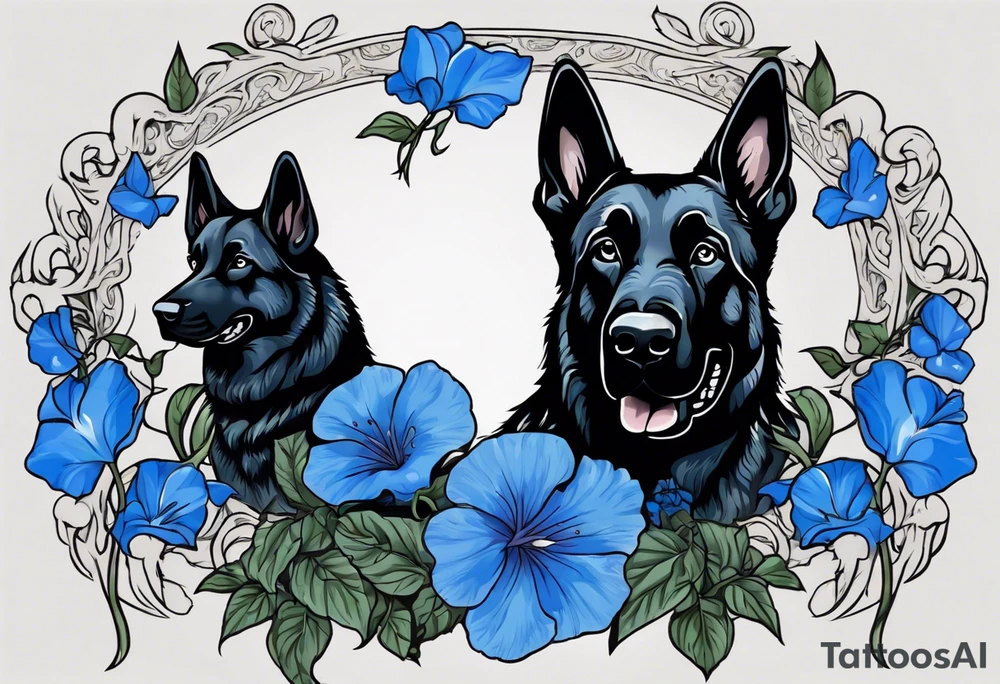 Black German shepherd face surrounded by blue morning glories tattoo idea