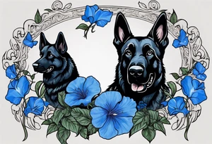 Black German shepherd face surrounded by blue morning glories tattoo idea