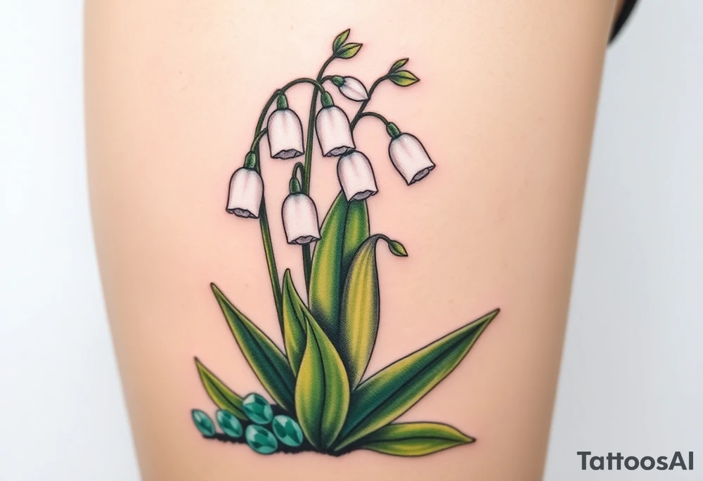 White lily in the valley bells with emeralds on the ground next to the plant tattoo idea