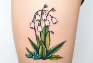 White lily in the valley bells with emeralds on the ground next to the plant tattoo idea