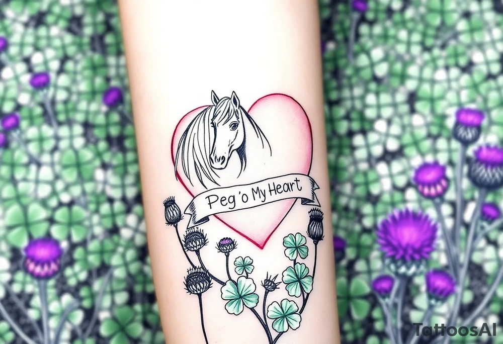 a big pale pink heart in a huge patch of green shamrocks, and purple thistles, and a horse with a banner across the heart that says Peg 'o My Heart tattoo idea